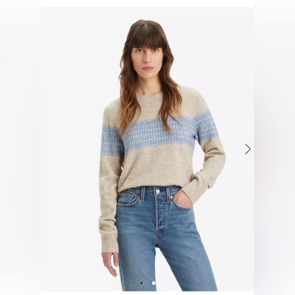 Levi's FairIsle Snowflake Band Crewneck Oatmeal Blue Sweater Women’s Size M